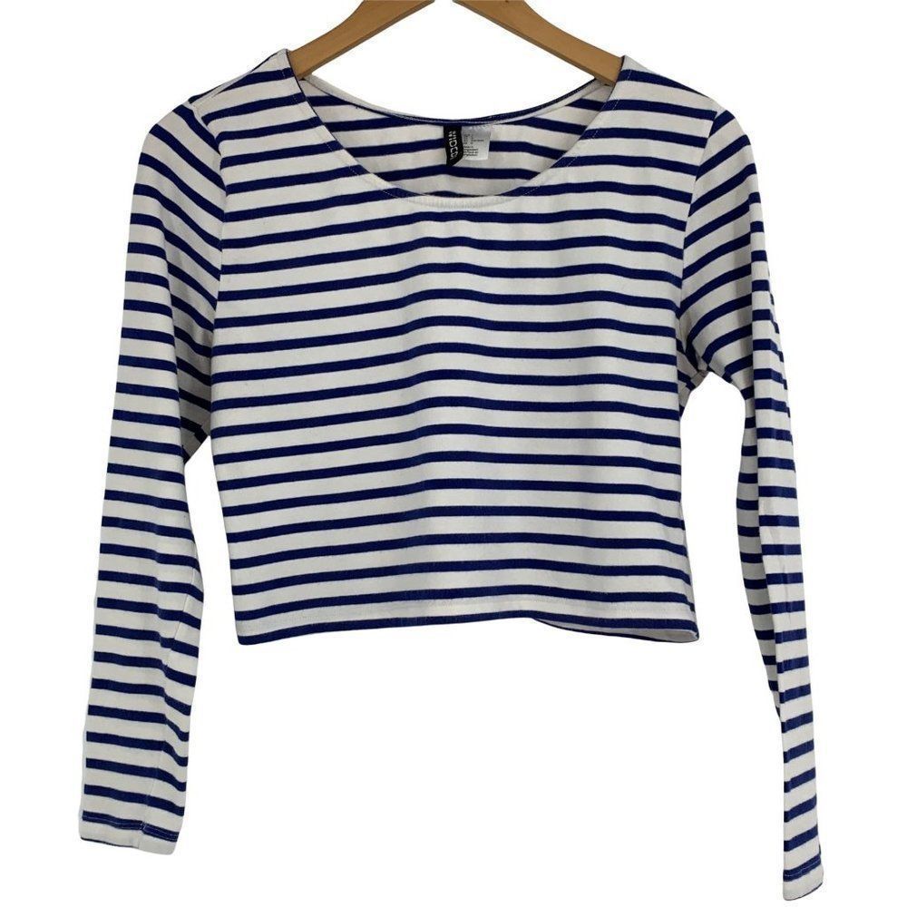 Womens Divided H&M Nautical Crop Top T-shirt Long Sleeve Sz Large 0643